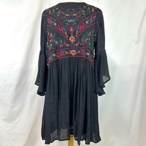 UMGEE USA Black Floral Embroidered Flare Bell Sleeve Boho Mini Dress Women's L